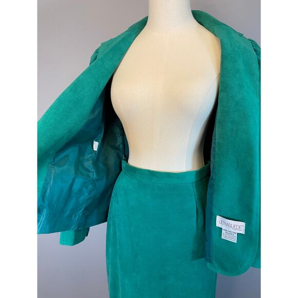 Vtg 1980s Jewel Tone Green Ultra Suede Skirt Set Suit Adolph Schuman Lilli Ann - Picture 4 of 10